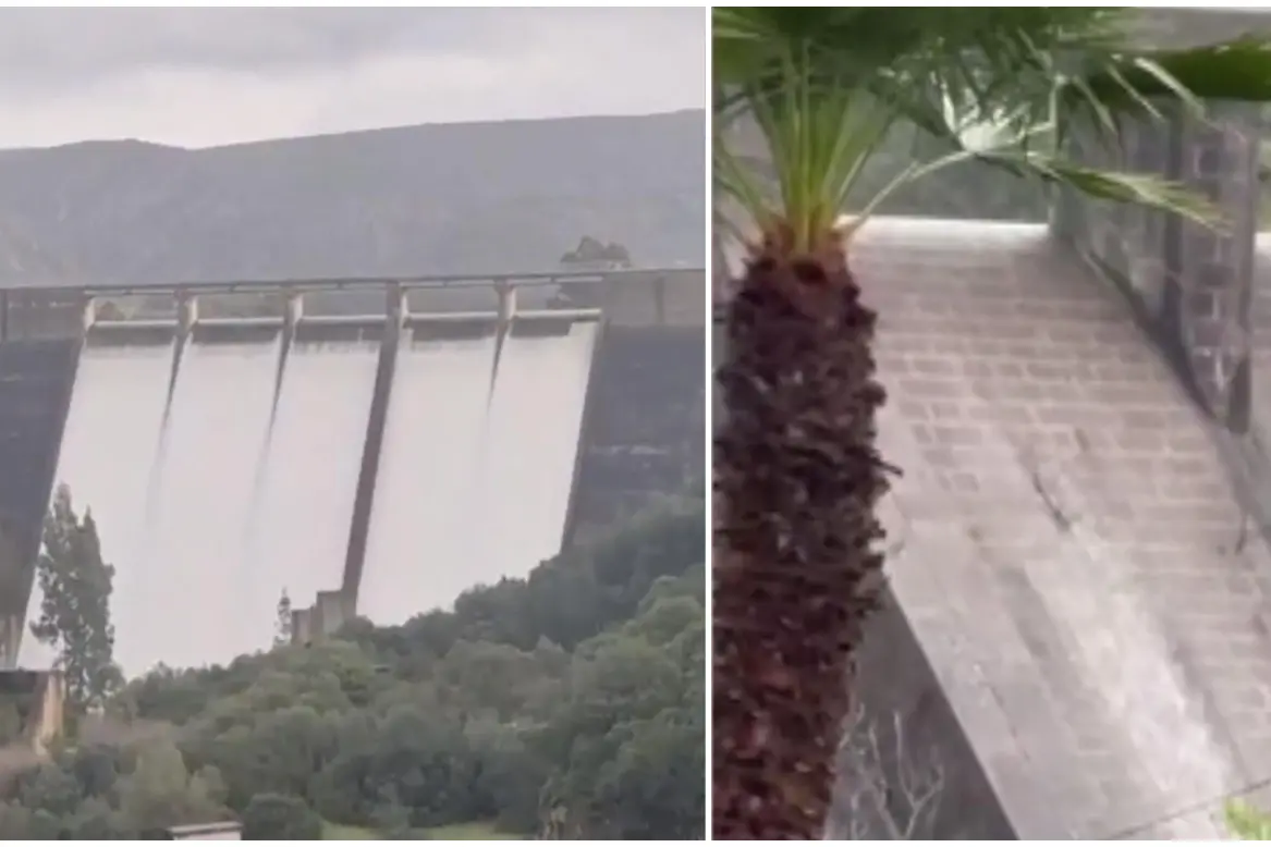 A sinistra la diga di Bau Pressiu, a destra quella di Tratalias (frame da video)