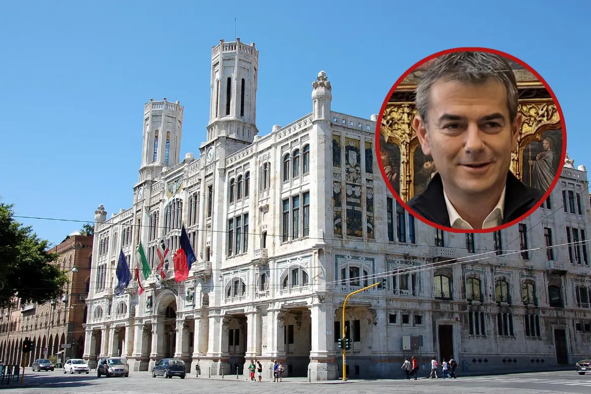 Palazzo Bacaredda e, nel tondo, il sindaco Massimo Zedda