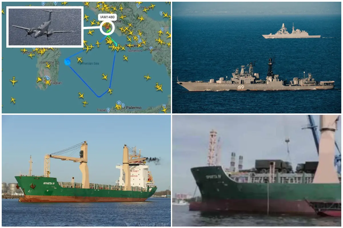 Dall'alto in senso orario: la rotta dell'aereo spia, il cacciatorpediniere braccato dalla fregata italiana e due immagini della Sparta IV