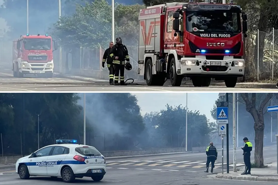 L'intervento di vigili del fuoco e polizia locale a Molentargius (L'Unione Sarda)