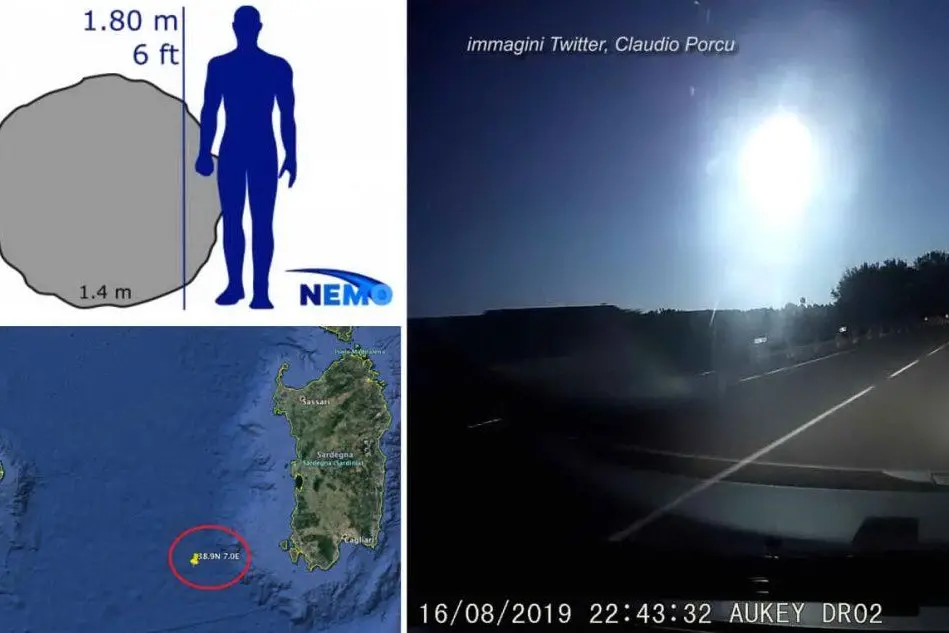 A sinistra: la grandezza della meteora rispetto a un uomo e il punto di esplosione. A sinistra, la luce sprigionata ripresa dalla dashcam di un utente sardo di Twitter, Claudio Porcu