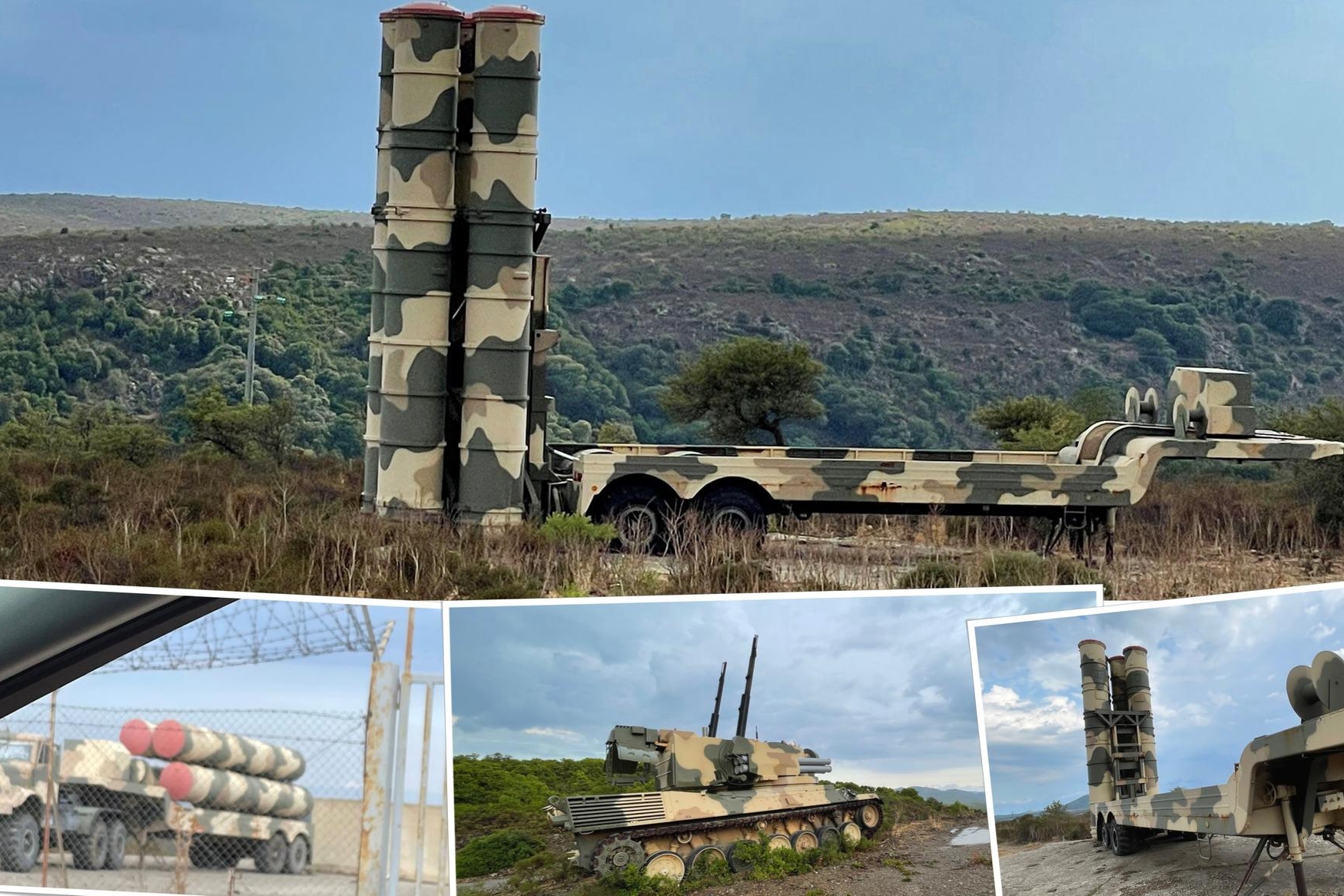 In alto, batteria antimissili nella zona Torri a Perdasdefogu; sotto, un carro armato e un mezzo nel poligono del Salto di Quirra per il trasporto dei missili (L'Unione Sarda)
