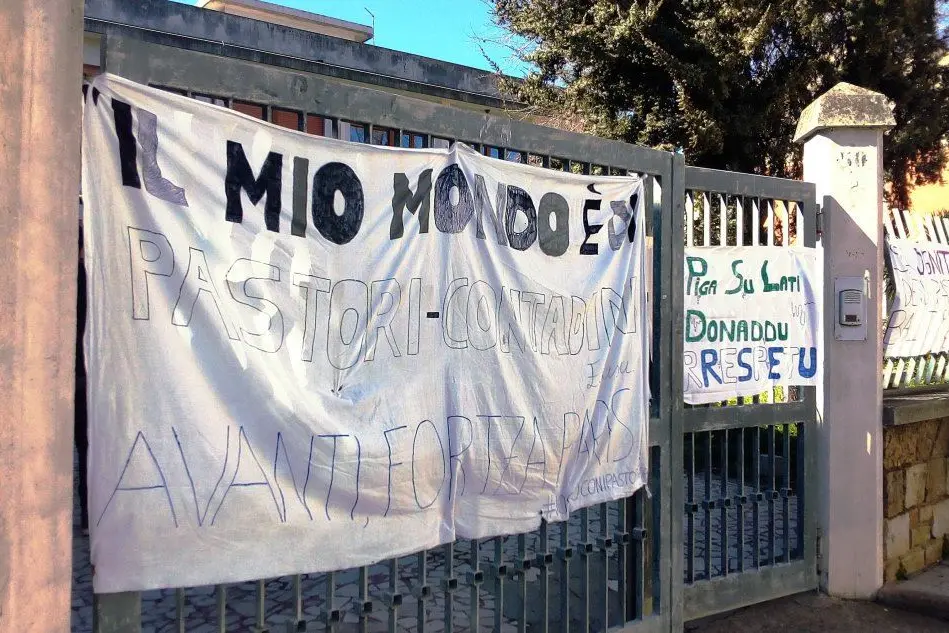 Striscioni esposti davanti al liceo Piga (foto L'Unione Sarda/Cazzaniga)
