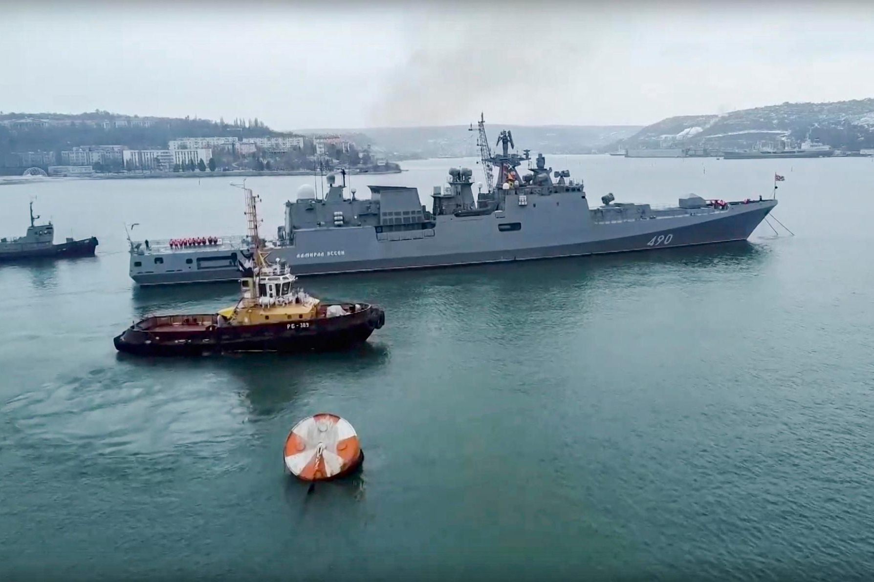 epa09712163 A frame grab taken from a handout video made available by the Russian Defence Ministry Press Service shows a Russian navy ship preparing to take part in exercises in the Black Sea, in Sevastopol, Crimea, 26 January 2022 (issued 27 January 2022). More than 20 ships from Russian Navy's Black Sea Fleet took part in the exercises in the Black Sea. EPA/RUSSIAN DEFENCE MINISTRY PRESS SERVICE HANDOUT -- BEST QUALITY AVAILABLE -- MANDATORY CREDIT: RUSSIAN DEFENCE MINISTRY PRESS SERVICE -- HANDOUT EDITORIAL USE ONLY/NO SALES