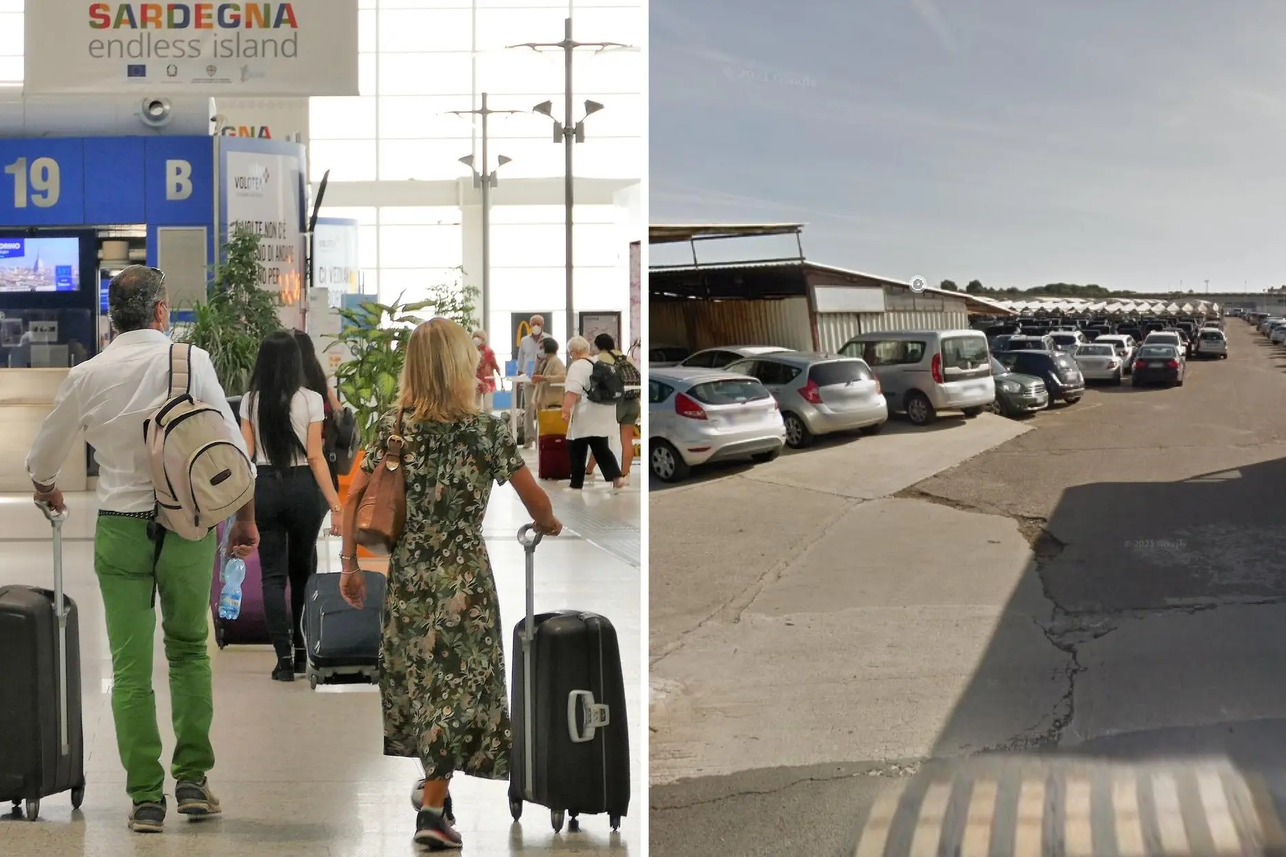 Passeggeri in aeroporto e il parcheggio Italia (L'Unione Sarda)