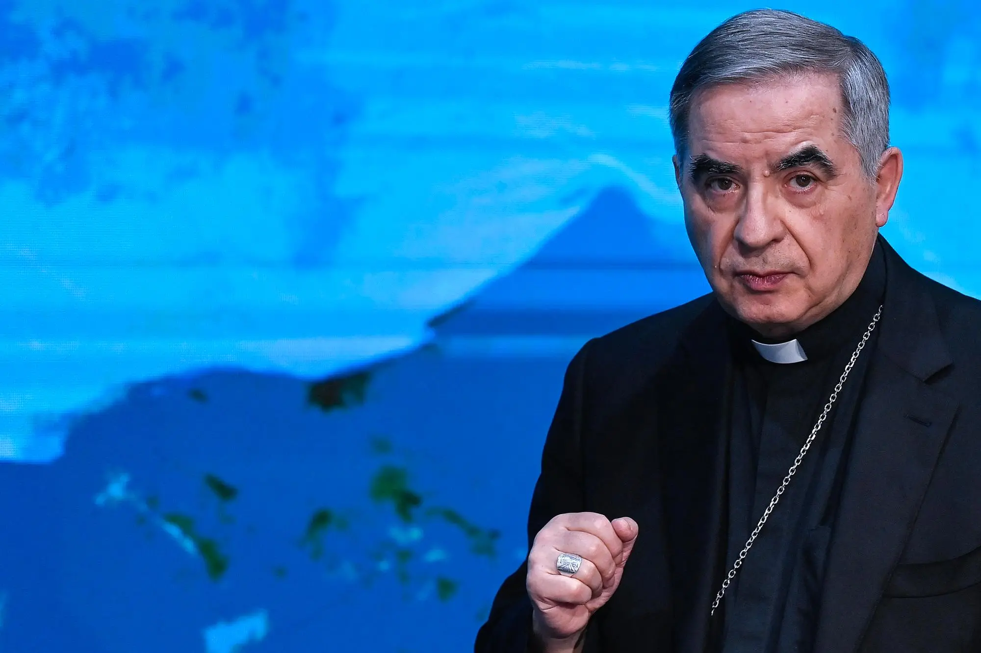 Cardinal Angelo Becciu attends the Raiuno Italian tv program 'Cinque minuti', conducted by Italian journalist Bruno Vespa, in Rome, Italy, 18 December 2023. ANSA/RICCARDO ANTIMIANI