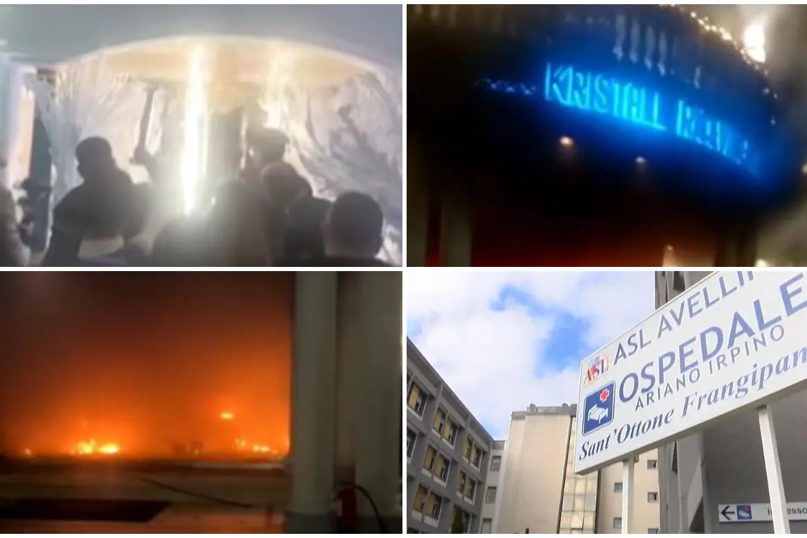 Il rogo in alcune immagini diffuse sui social, in basso a destra l'ospedale