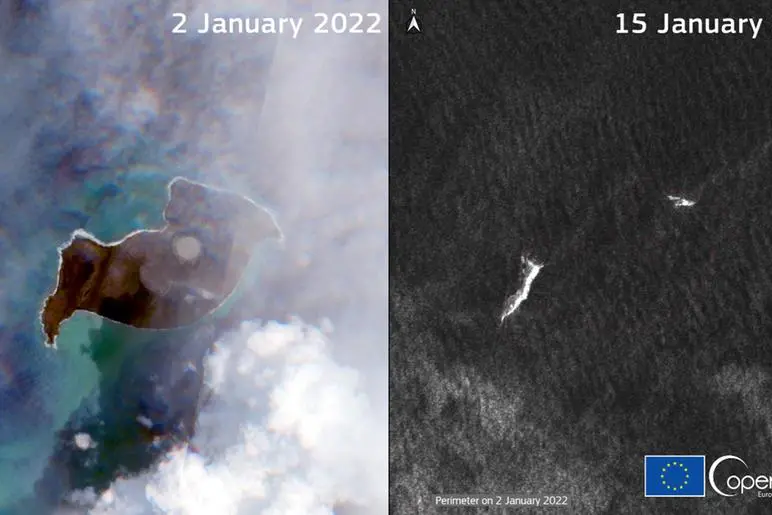 L'isola prima e dopo l'eruzione del vulcano sottomarino (foto Ansa)