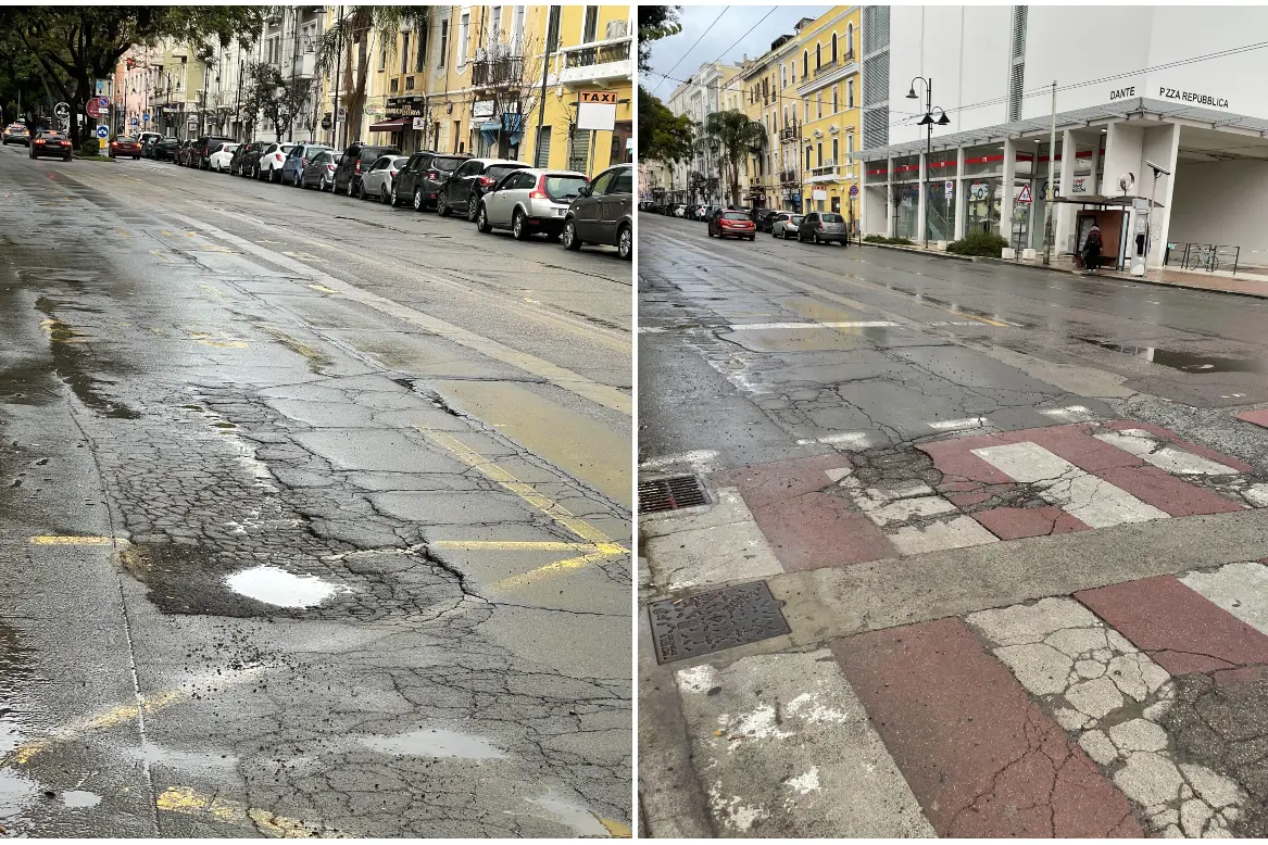 Le buche in via Dante (foto L'Unione Sarda)