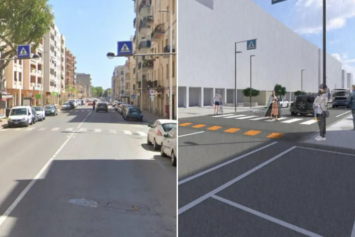 A sinistra una foto del viale Sant'Avendrace, a destra un'elaborazione realizzata al computer