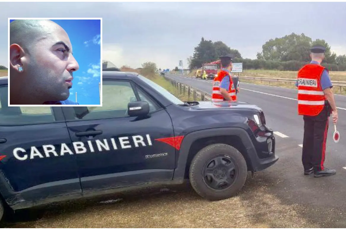 Il luogo dell'incidente (foto carabinieri) e nel riquadro la vittima, Loris Bandino (Instagram)
