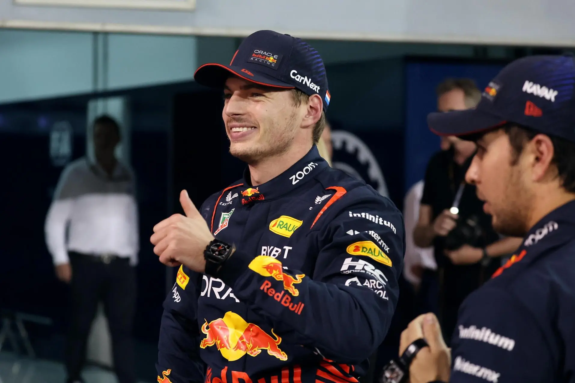epa10503186 Dutch Formula One driver Max Verstappen of Red Bull Racing (C), who won the pole position, reacts after taking the pole position at the end of the qualifying session for Formula One Grand Prix of Bahrain at the Bahrain International Circuit in Sakhir, Bahrain, 04 March 2023. The Formula One Grand Prix of Bahrain takes place on 05 March. EPA/Ali Haider