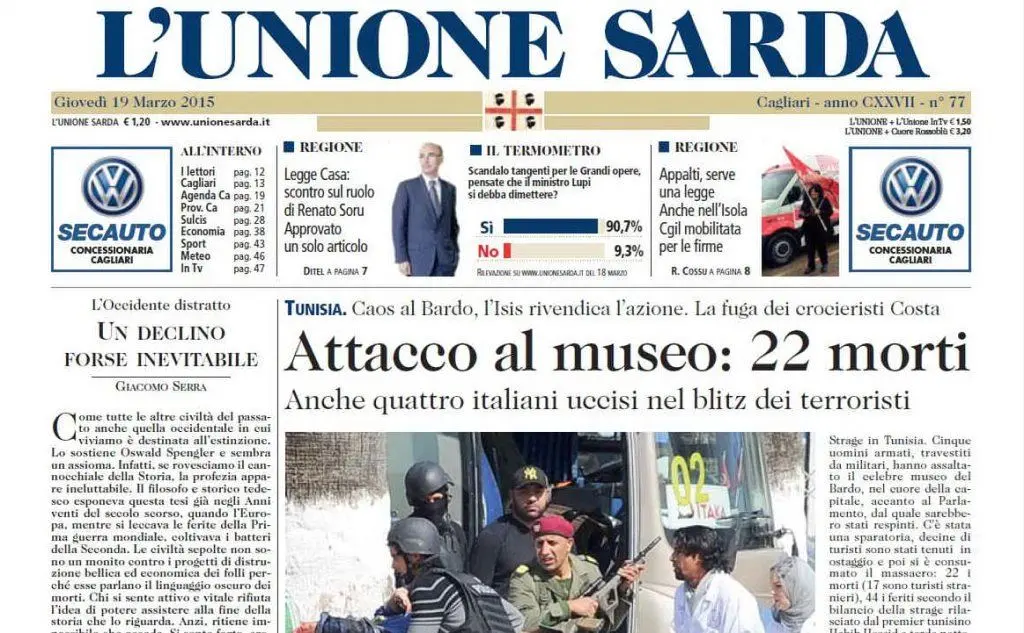 La prima pagina de L'Unione Sarda del 19 marzo 2015