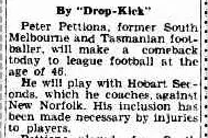 La pagina del The Mercury (di Hobart) del 15 agosto 1953 sul ritorno di Pettiona