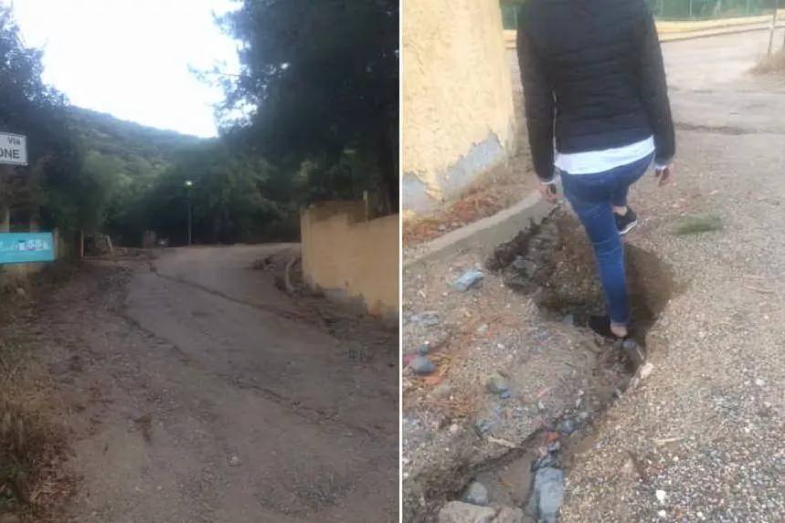 Due immagini delle strade danneggiate (foto L'Unione Sarda - Serreli)
