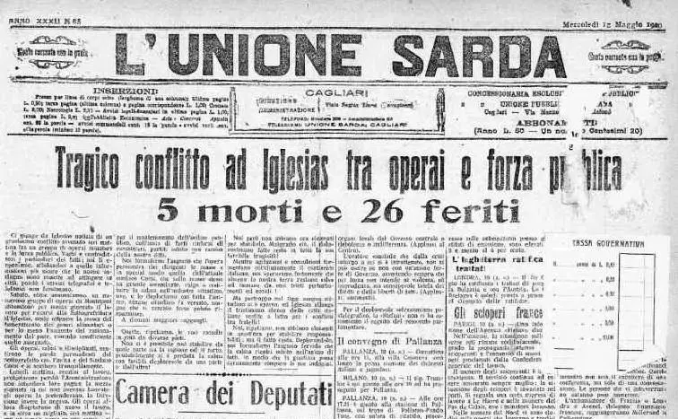 La prima pagina de L'Unione Sarda del 12 maggio 1920
