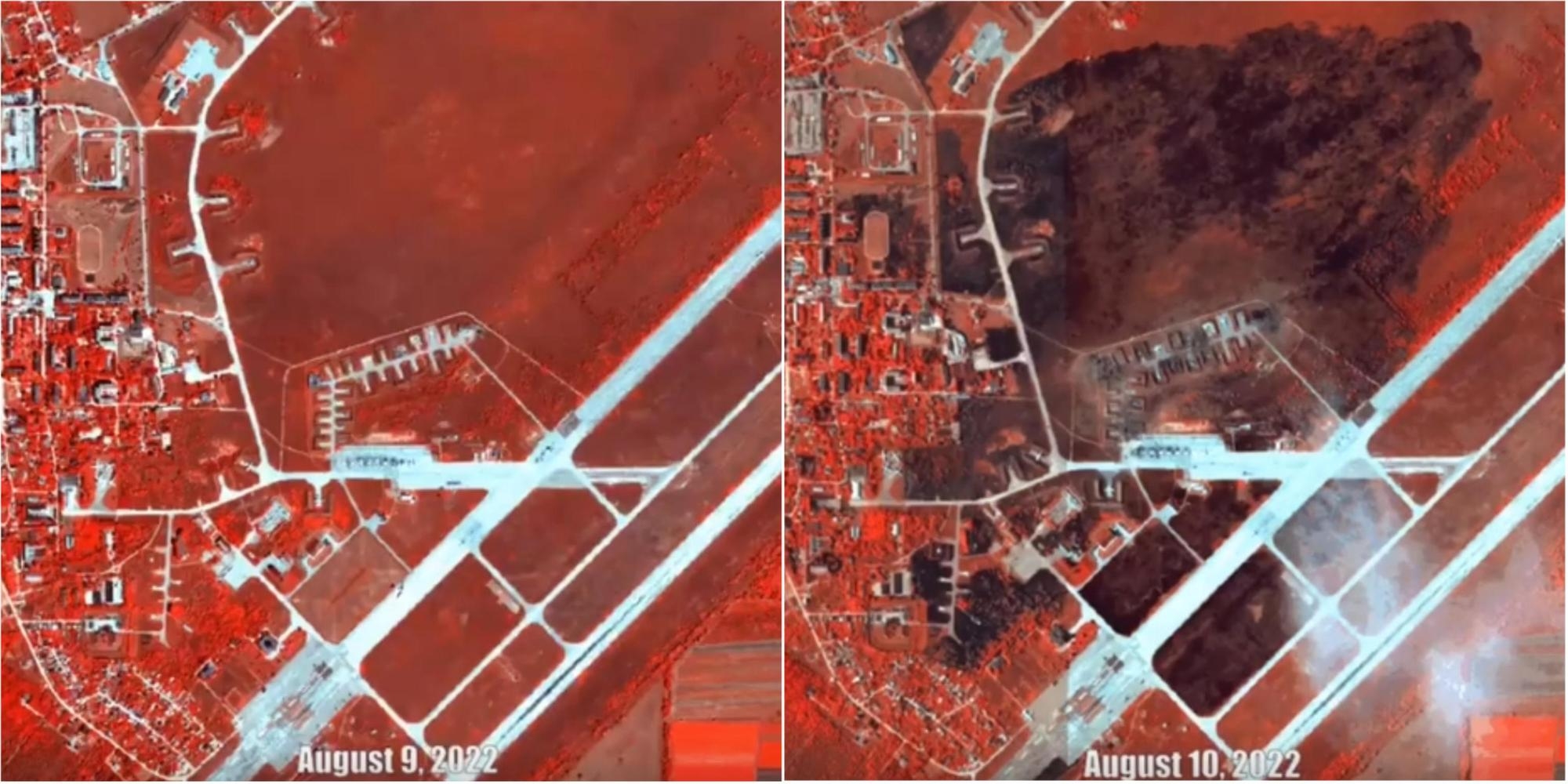 Le immagini satellitari dell'attacco alla base aerea di Saky in Crimea (foto via Ansa)