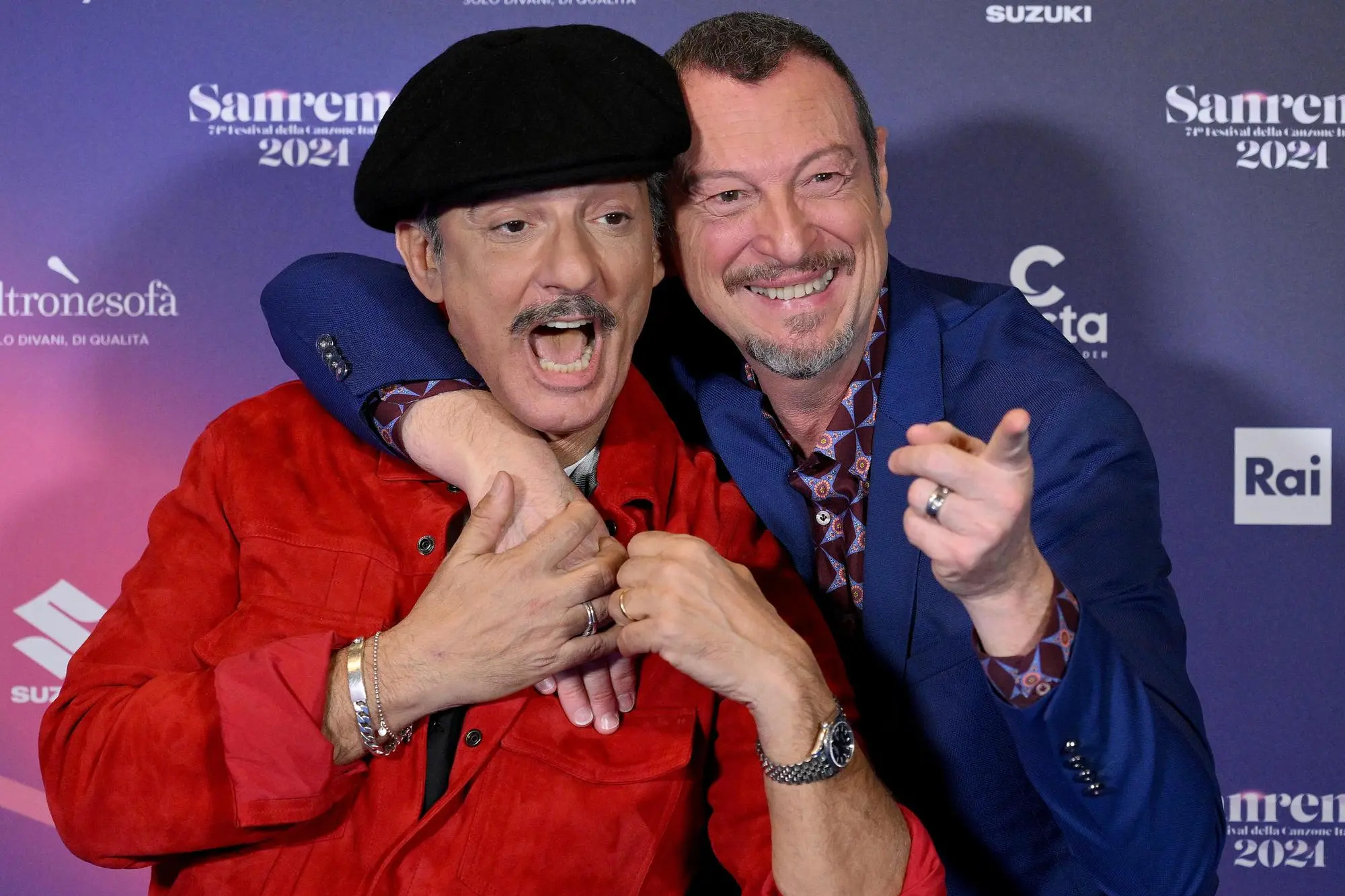 Sanremo Festival host and artistic director Amadeus (R) and Italian showman Rosario Fiorello pose during a photocall on the occasion of the 74th Sanremo Italian Song Festival, in Sanremo, Italy, 10 February 2024. The music festival will run from 06 to 10 February 2024. ANSA/ETTORE FERRARI