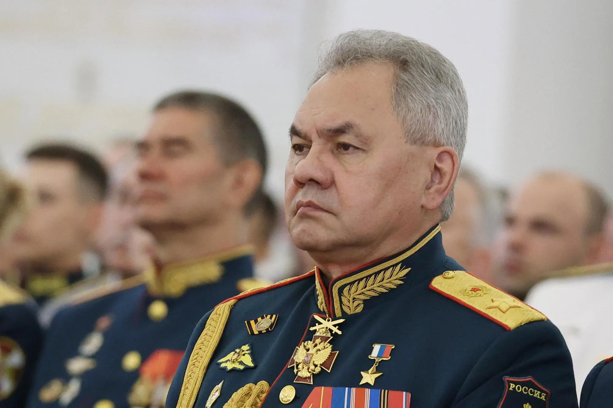 epa10704298 Russian Defence Minister Sergei Shoigu attends a meeting of Russian President Vladimir Putin with graduates of the country's higher military schools at the Kremlin in Moscow, Russia, 21 June 2023. The Ukrainian army suffers serious losses during the counteroffensive, because of this, there is a certain calm on the line of contact, said Russian President Vladimir Putin. EPA/YEGOR ALIEV/SPUTNIK/KREMLIN POOL MANDATORY CREDIT