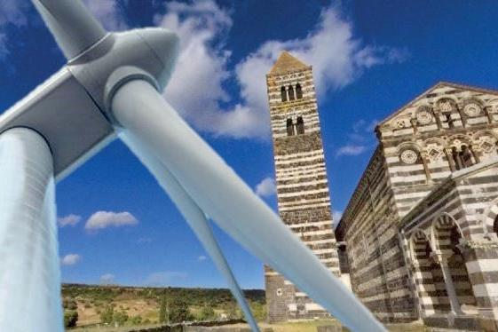 La basilica minacciata dalle pale eoliche (foto L'Unione Sarda)