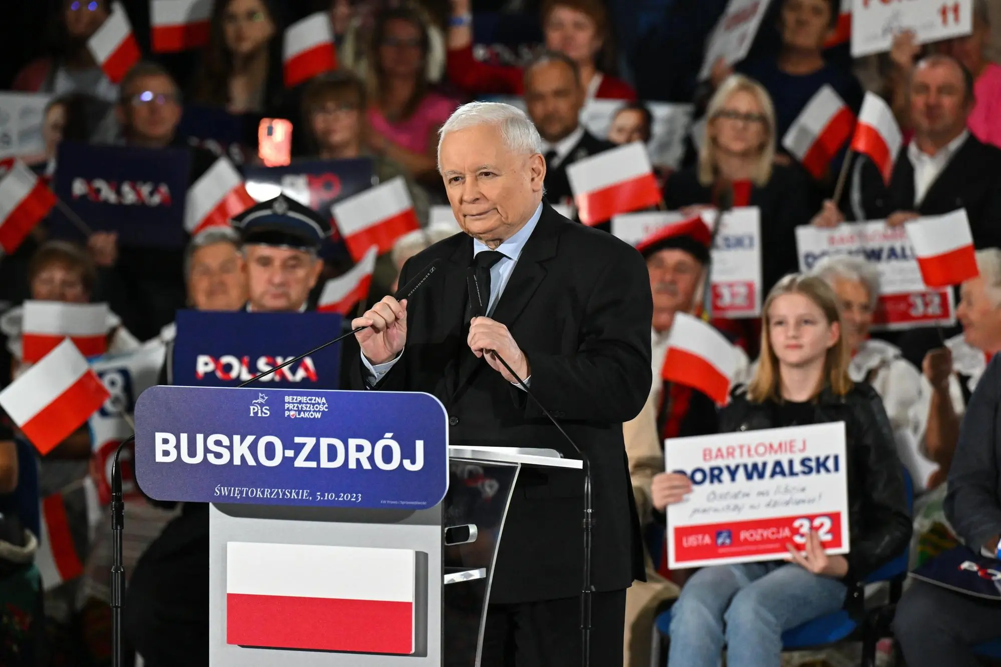 Comizio del capo di governo uscente polacco, Jaroslaw Kaczynski (Ansa)