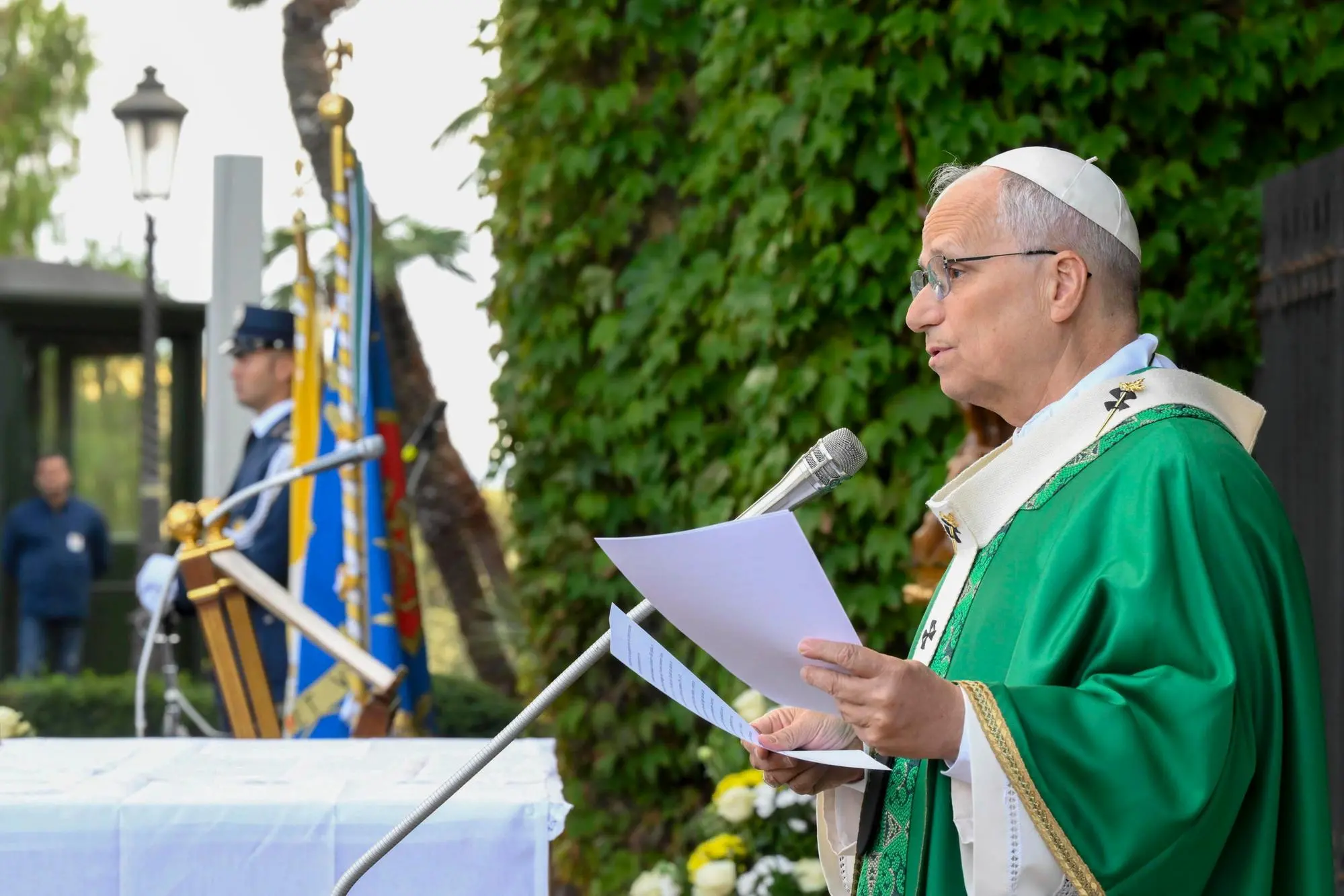 epa12433431 A handout picture provided by the Vatican Media shows Pope Leo during a Mass for the Gendarmerie Corps, celebrated by in the Grotto of Lourdes in the Vatican Gardens, Vatican City, 05 October 2025. EPA/VATICAN MEDIA HANDOUT HANDOUT EDITORIAL USE ONLY/NO SALES