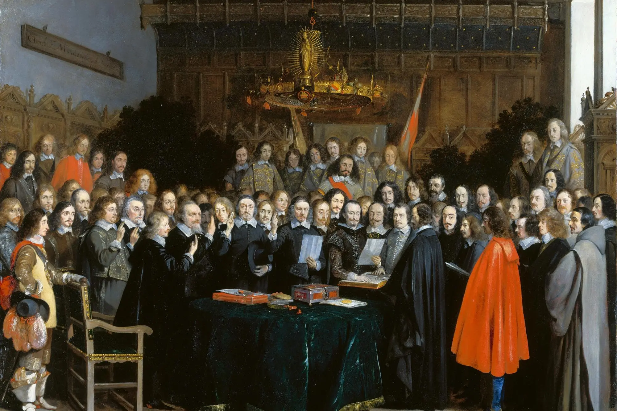 La sigla della pace di Vestfalia, che mise fine alla Guerra dei Trent'anni (Gerard Terborch, 1648)
