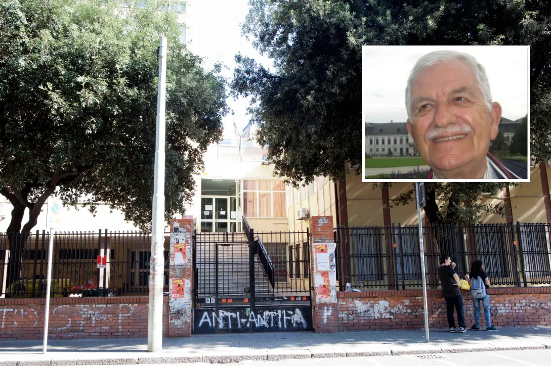Nel riquadro Bruno Terlizzo e sullo sfondo il liceo Siotto dove ha insegnato per tanti anni