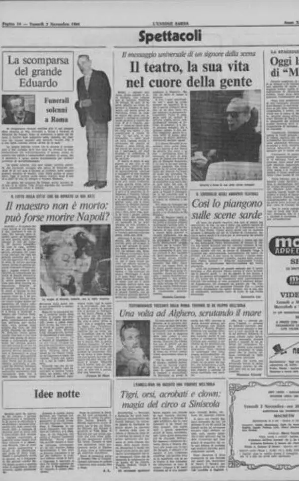 La notizia della morte di Eduardo De Filippo su L'Unione Sarda