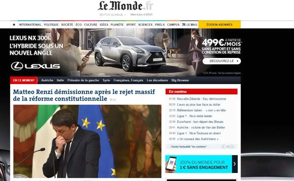 Le Monde: Matteo Renzi dimissionario