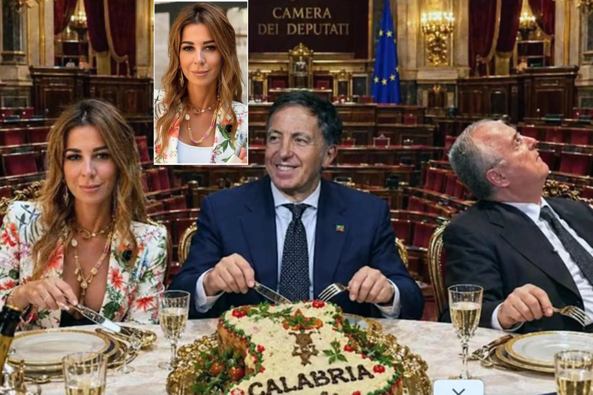 (COMBO) La combo mostra l'immagine fake pubblicata da Roberto Vannacci sul profilo Facebook con Roscioli, Matilde Siracusano, sottosegretaria e compagna del governatore calabrese Roberto Occhiuto e il senatore Claudio Lotito seduti a tavola e pronti a mangiarsi una torta con la scritta 'Calabria' e la foto originale di Matilde Siracusano tratta dal suo profilo personale Instagram. FACEBOOK ROBERTO VANNACCI / INSTAGRAM MATILDE SIRACUSANO +++ATTENZIONE LA FOTO NON PUO' ESSERE PUBBLICATA O RIPRODOTTA SENZA L'AUTORIZZAZIONE DELLA FONTE DI ORIGINE CUI SI RINVIA+++ NPK +++