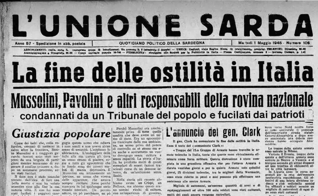 La prima pagine de L'Unione Sarda (tutte le foto sono US e Wikipedia)
