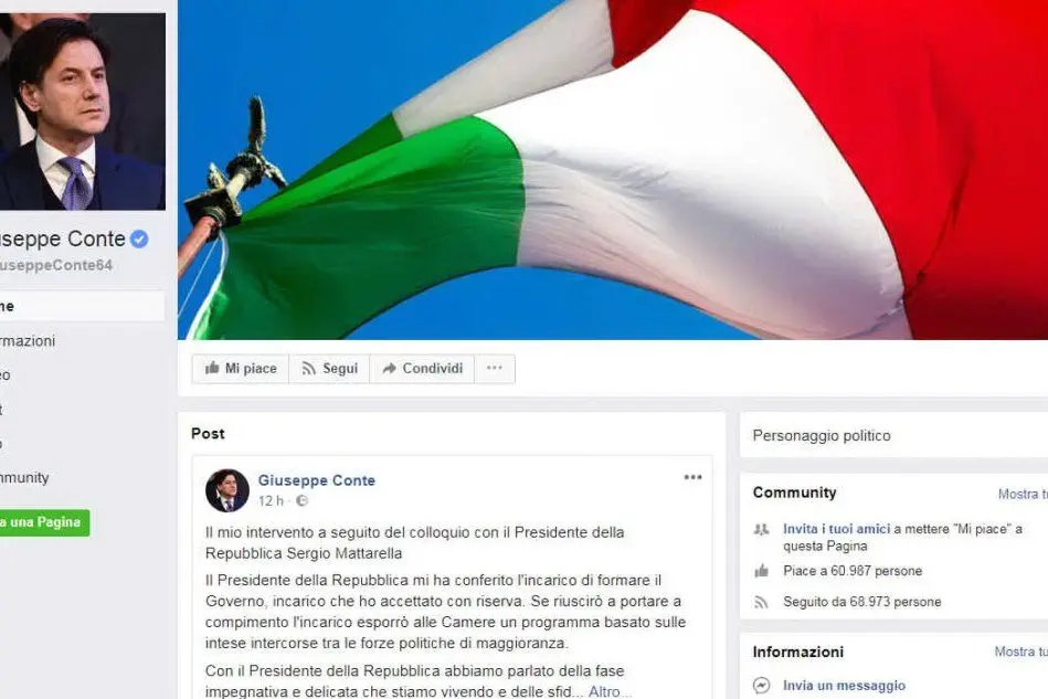 Il profilo Facebook di Giuseppe Conte