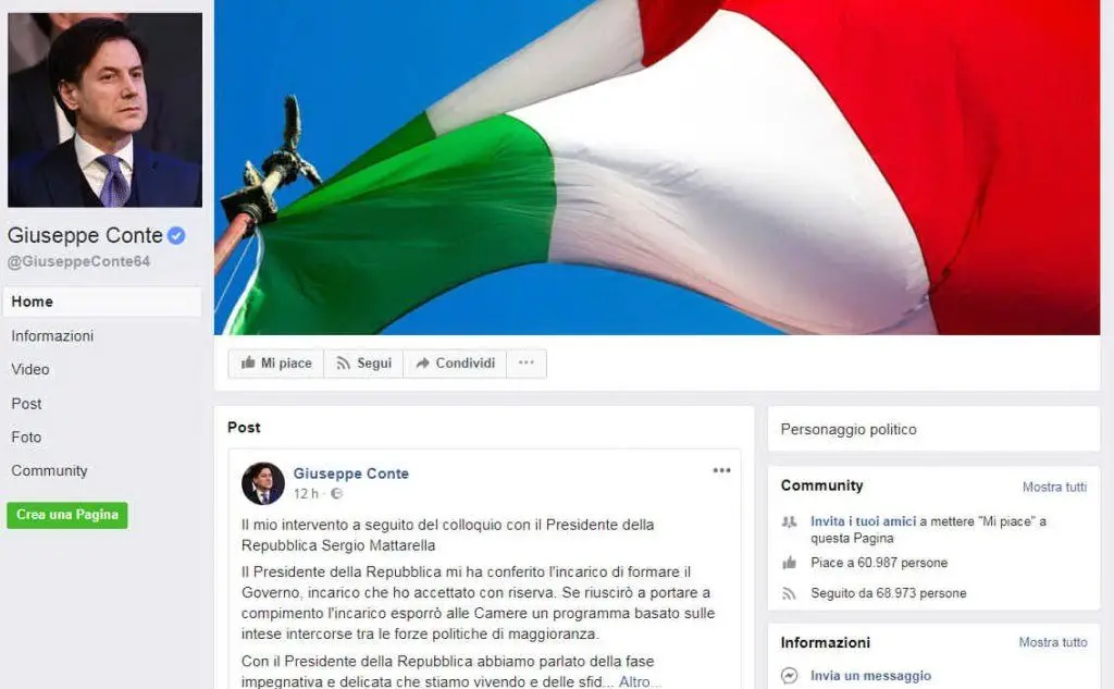 Il profilo Facebook di Giuseppe Conte