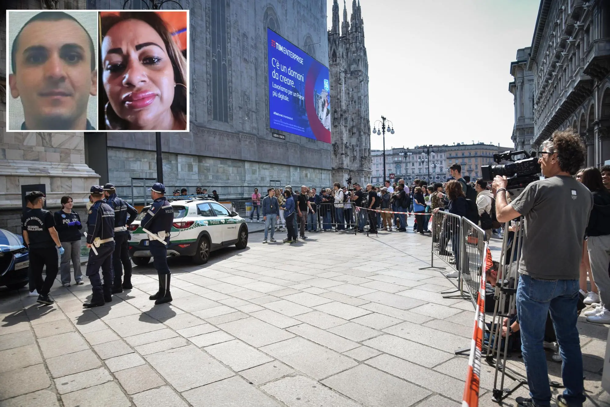 Nella combo, le operazioni di polizia a piazza Duomo a Milano dopo il suicidio di quello che gli investigatori ritengono essere Emanuele De Maria, foto di Emanuele De Maria (nel riquadro a sx), foto di Chamila Wijesuriyauna (nel riquadro a dx), 11 maggio 2025. ANSA/MATTEO CORNER