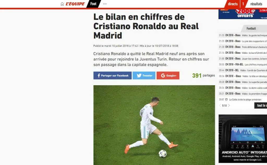 &quot;Cristiano Ronaldo lascia il Real Madrid dopo 9 anni&quot; scrive L'Equipe, analizzando le cifre astronomiche dell'affare