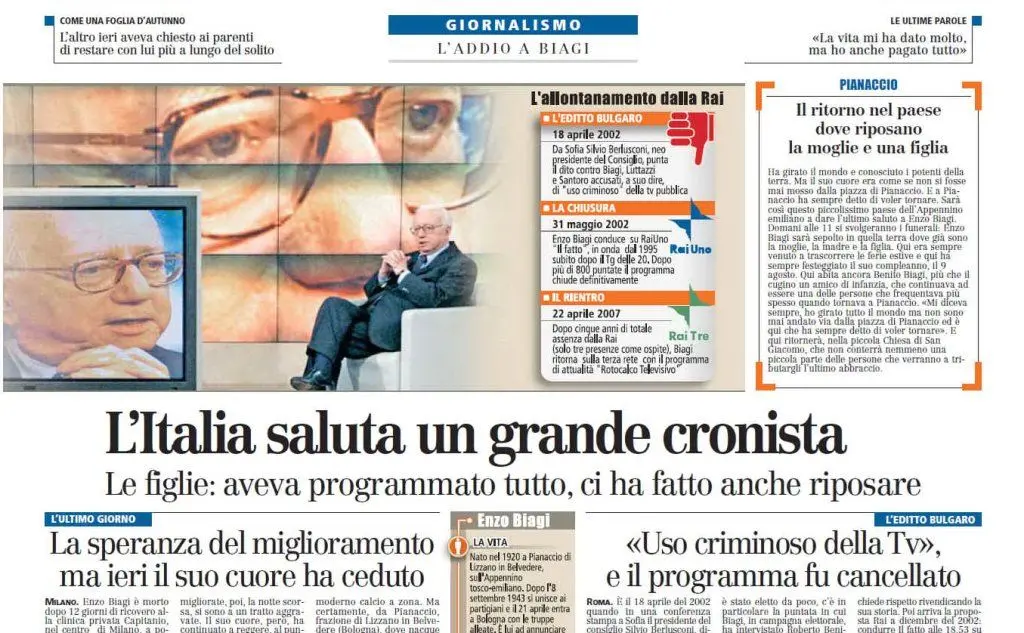 &quot;L'Italia saluta un grande cronista&quot;, il titolo dell'articolo dedicato alla morte nelle pagine interne
