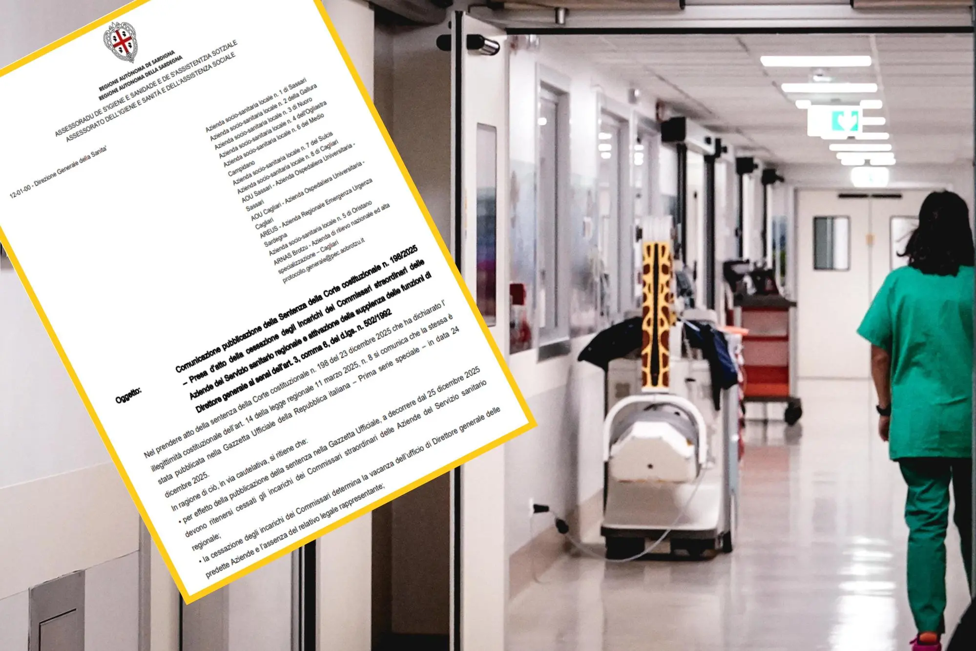 Un reparto ospedaliero e, nel riquadro, il documento spedito dall'assessorato alla Sanità