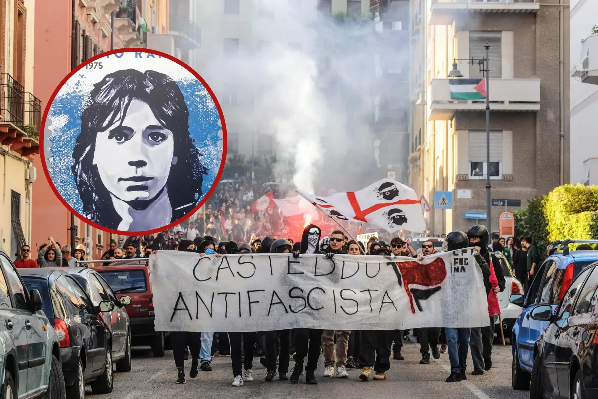 Un corteo antifascista a Cagliari e, nel tondo, un'immagine di Sergio Ramelli