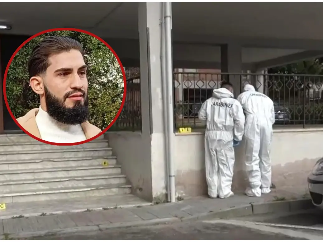 Carabinieri del Nucleo investigativo del Comando provinciale di Cagliar al lavoro sotto la palazzina di piazza Settimio Severo. A sinistra la vittima, Leonardo Mocci (L'Unione Sarda)