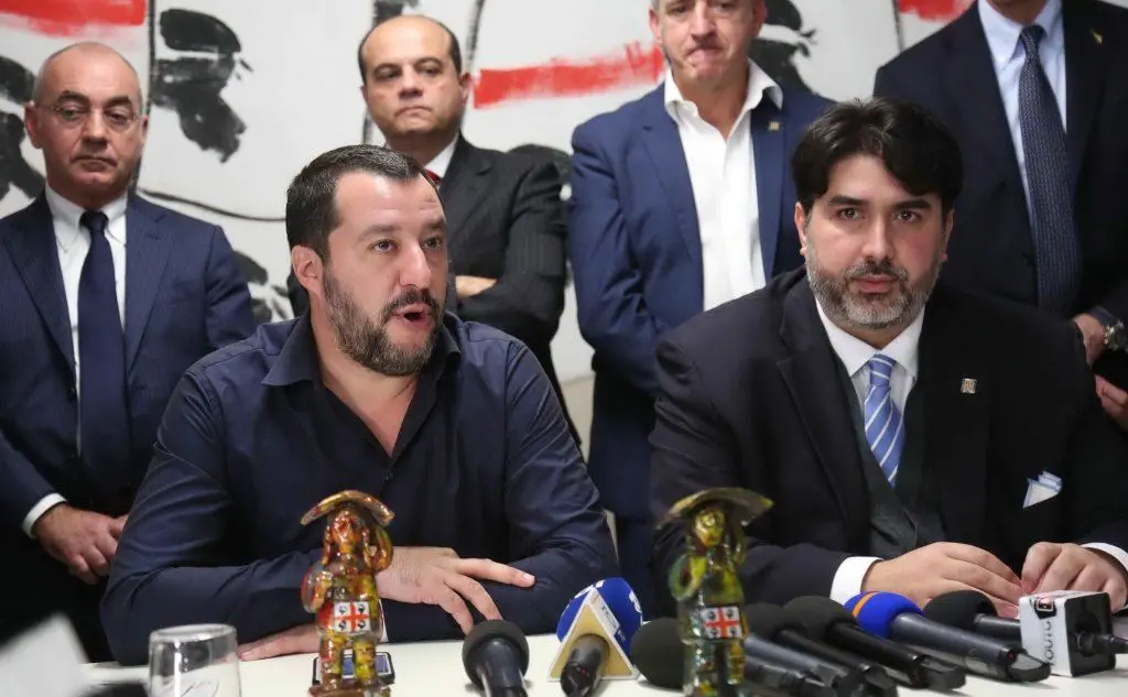 Salvini e Christian Solinas nella sede del Psd'Az (Ansa)