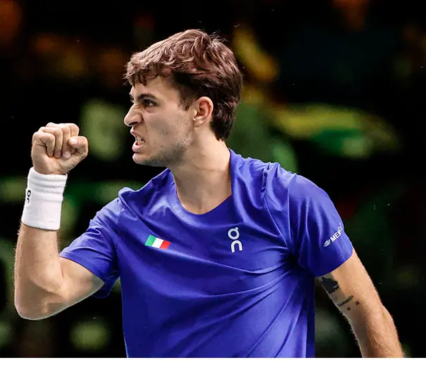 Italy tennis player Flavio Cobolli during single tennis match against Austria player Filip Misolic during Davis Cup 2025 Final 8 at Fiere Exhibition Centre in Bologna Italy, 19 November 2025. ANSA /ELISABETTA BARACCHI