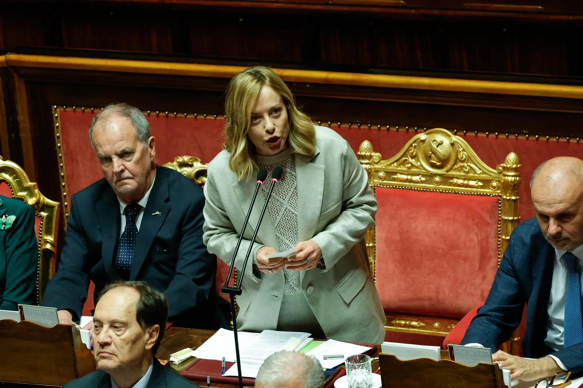 Il presidente del Consiglio Giorgia Meloni in Senato durante il Question time, Roma, 7 Maggio 2025. ANSA/GIUSEPPE LAMI