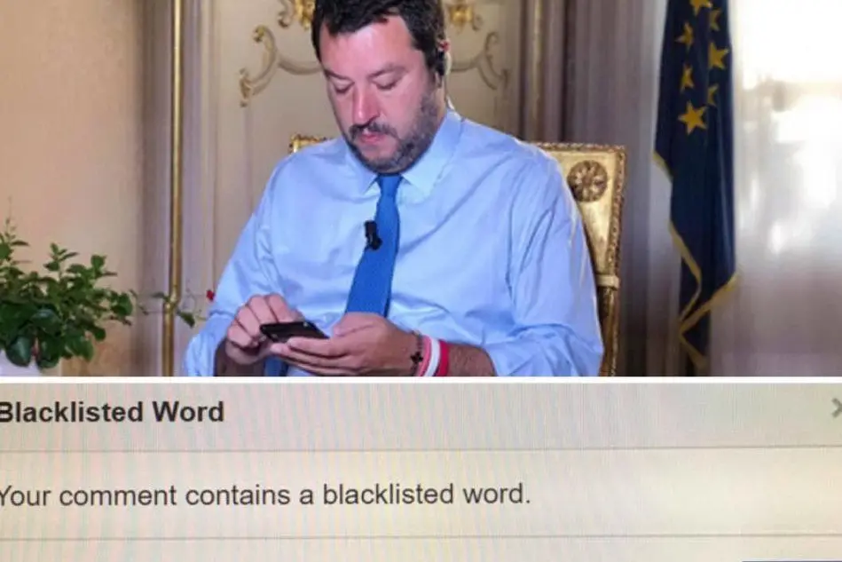 Matteo Salvini. Sotto, il messaggio che compare a chi prova a scrivere parole "proibite" (da Facebook)