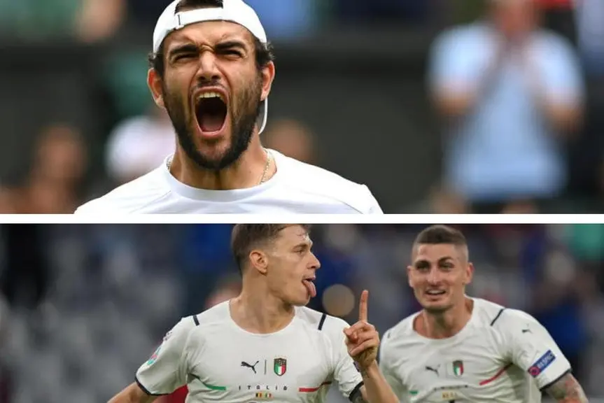 Matteo Berrettini, sotto, Barella e Verratti dopo il gol del centrocampista sardo al Belgio (Ansa)