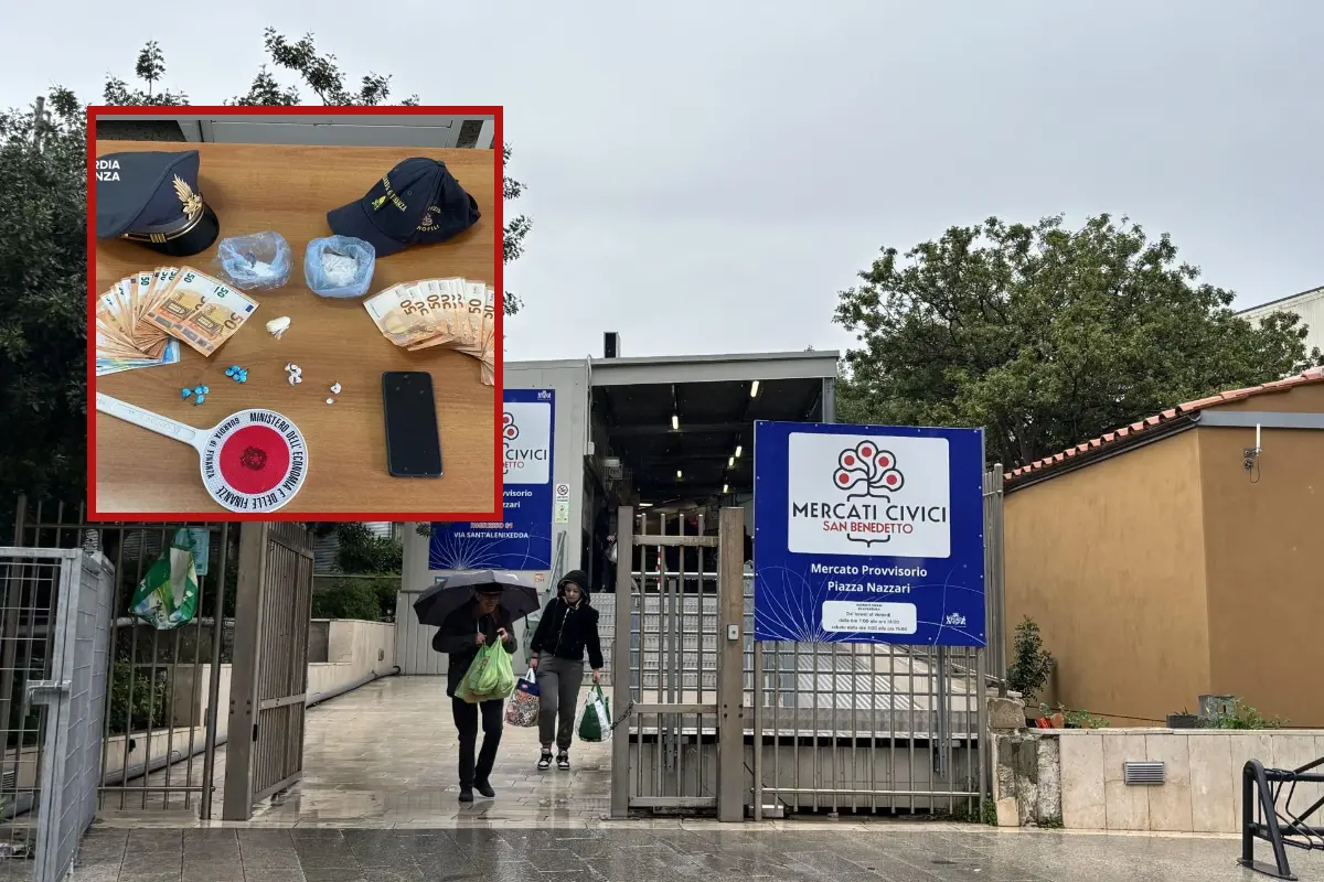 Il mercato di piazza Nazzari e, nel box, la droga sequestrata