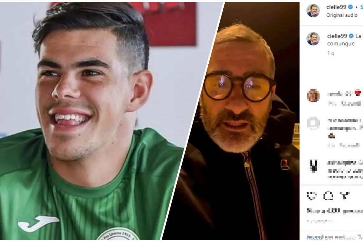 A sinistra Mattia Lucarelli, a destra il padre Cristiano (foto Ansa/Instagram)