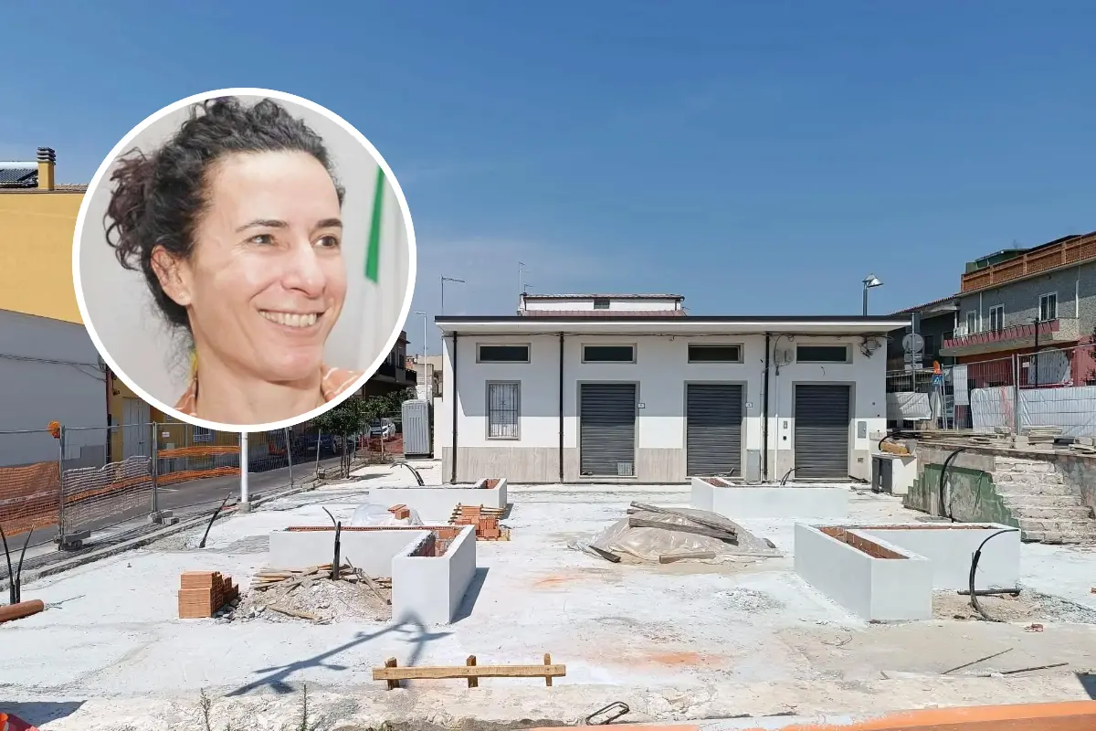 Piazza Gramsci a Sestu e, nel tondo, Michela Mura