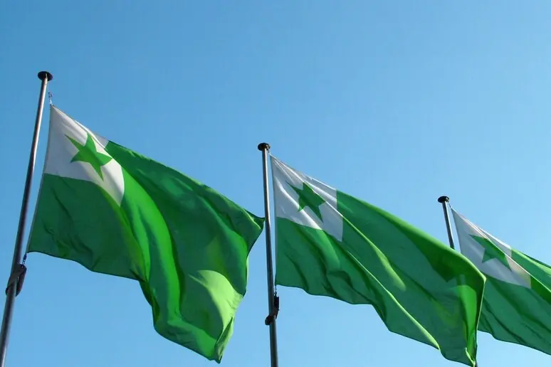 Le bandiere simbolo dell'esperanto al congresso di Lignano Sabbiadoro (foto Ansa)