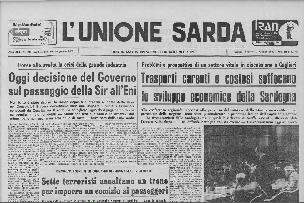La prima pagina de L'Unione Sarda del 27 giugno 1981